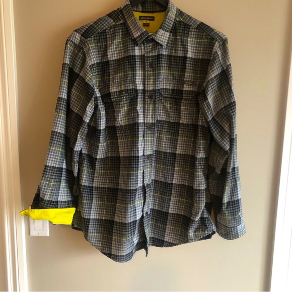 Eddie Bauer Other - Eddie Bauer Long Sleeve Shirt.  Grey &  Black pattern with yellow accent stripes
